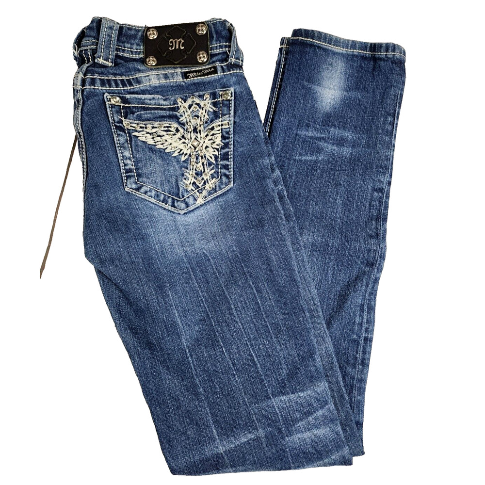 Miss Me Jeans Women’s 27 JP5117SK3 SKINNY CROSS Pocket Rhinestone Inseam 33.5"